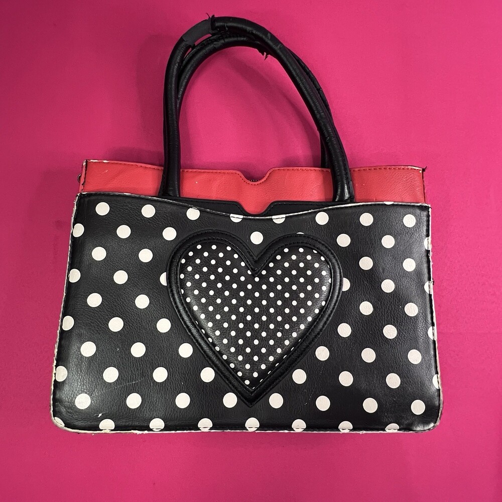 Luv Betsey Johnson Black White Polka Dot Handbag Heart Applique Red Trim Bag